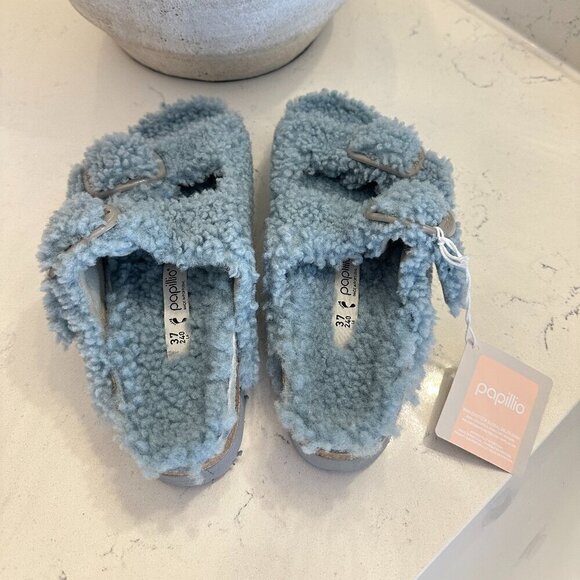 BIRKENSTOCK Arizona Big Buckle Genuine Shearling Slide Sandal in Faded Aqua - Picture 5 of 8